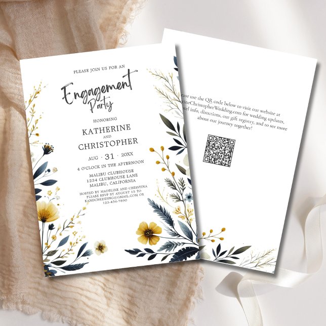 Convite Festa de noivado Elegante de Flores Selvagens (Elegant Wildflowers Wedding Engagement Party Invitation with Watercolor Flowers in  Blue and Yellow.)