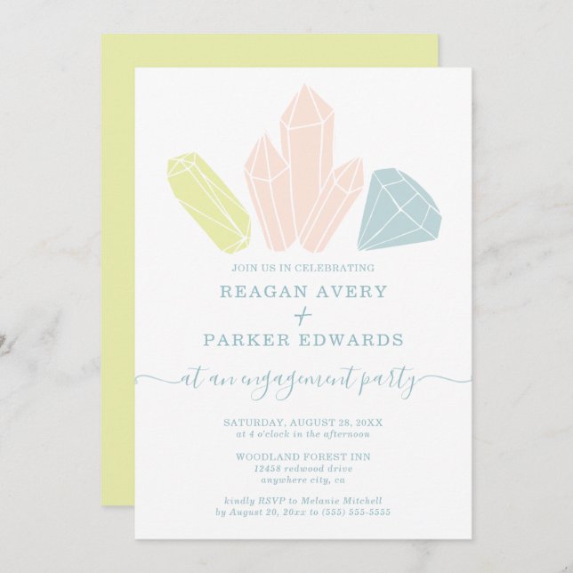 Convite Festa de noivado Elegante de Pastel de Pedras Gem (Frente/Verso)