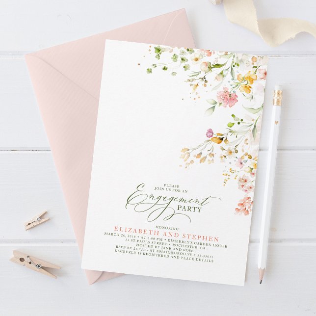 Convite Festa de noivado Elegante de Verão de Prados Selva (Wildflowers Engagement Party Invitations)