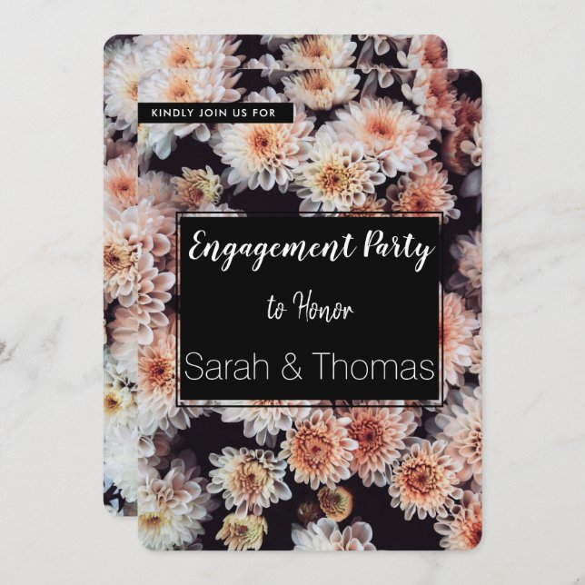 CONVITE FESTA DE NOIVADO ELEGANTE FLORAL DE DAHLIA BRANCA (Frente/Verso)