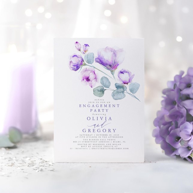 Convite Festa de noivado Elegante Floral Dusty Purple (Dusty Purple Floral Engagement Party Invitations)