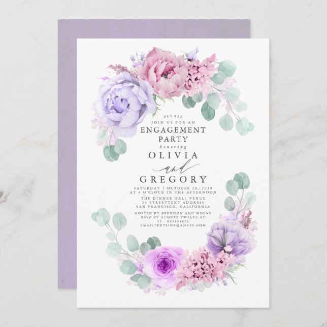 Convite Festa de noivado Elegante Floral Rosa e Púrpura (Frente/Verso)
