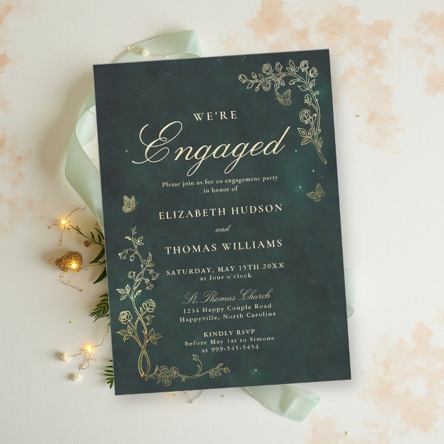 Convite Festa de Noivado Fairycore Floresta Esmeralda Verd (fairycore woodland enchanted forest emerald green faux gold wedding engagement invitation roses wild)