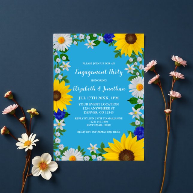 Convite Festa de noivado Floral Azul do Céu de Verão (Criador carregado)