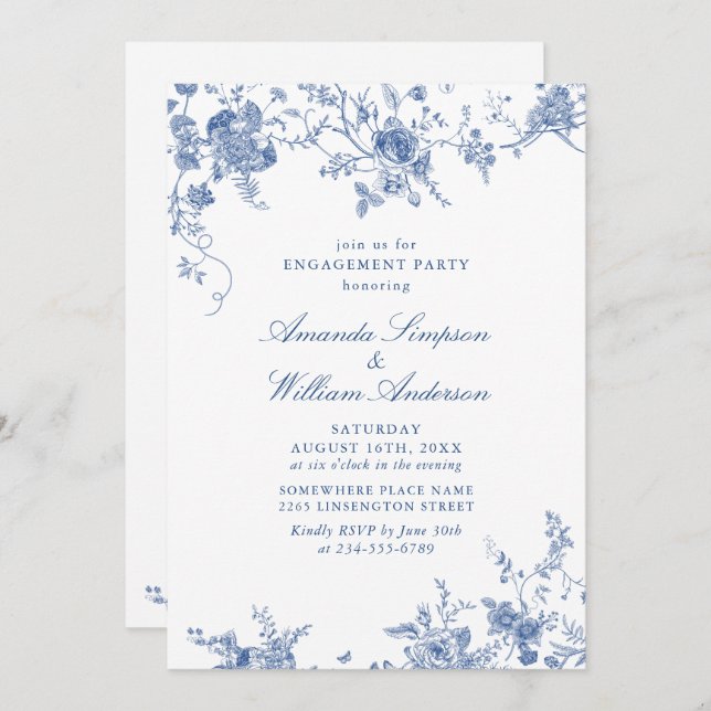 Convite Festa de noivado Floral Azul Victoriana Elegante (Frente/Verso)