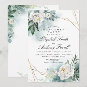 Convite Festa de noivado Floral Branco com Quadro Dourado 