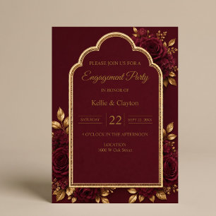 Convite Festa de Noivado Floral Burgundy & Dourado