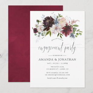 Convite Festa de Noivado Floral Burgundy e Azul Marinho