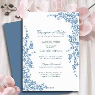 Convite Festa de noivado Floral Clássica Dusty Blue Vintag