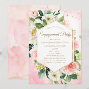 Convite Festa de Noivado Floral com Aquarela em Dourado Ro