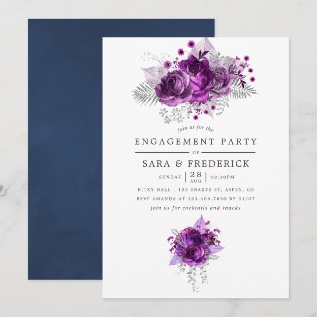 Convite Festa de noivado Floral de Pluma e Marinho (Frente/Verso)