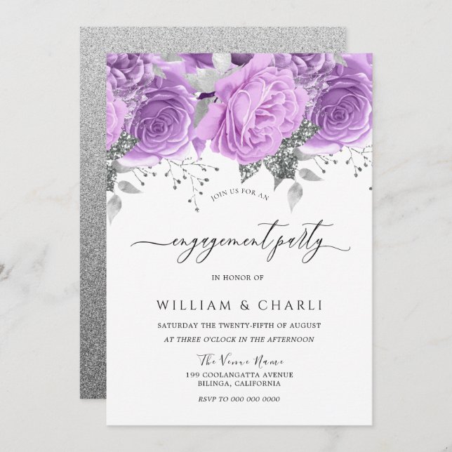 Convite Festa de noivado Floral de Prata Roxa lavanda (Frente/Verso)