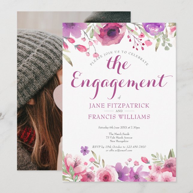 Convite Festa de Noivado Floral de Rosa em Aquarela (Frente/Verso)