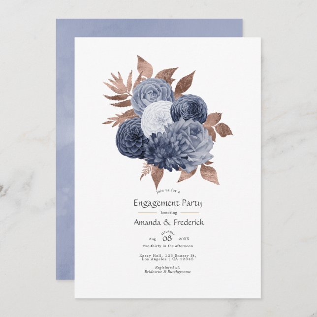 Convite Festa de noivado Floral Dourada Dusty Blue e Rosa (Frente/Verso)