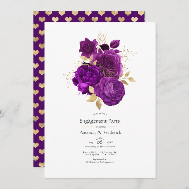 Convite Festa de noivado floral dourado e roxo (Frente/Verso)