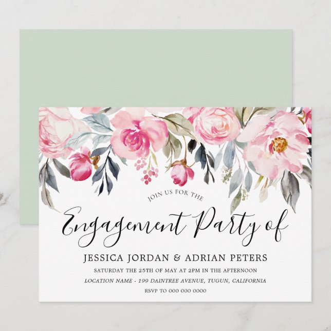 Convite Festa de noivado Floral Elegante Blush & Greenery (Frente/Verso)