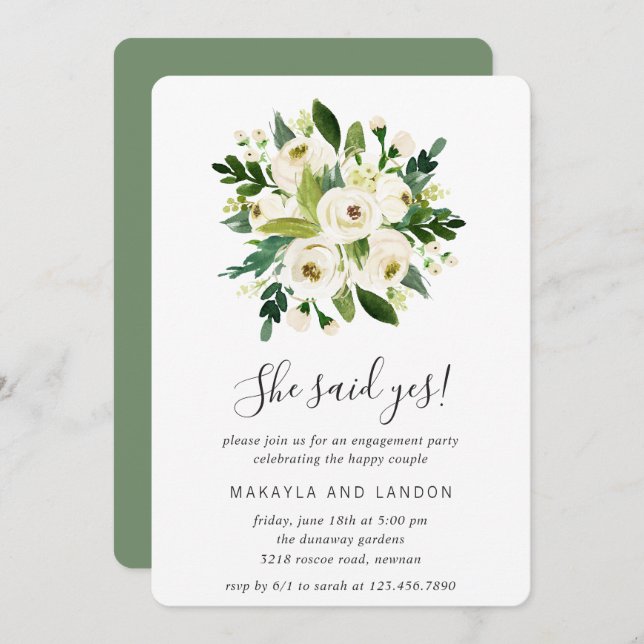 Convite Festa de noivado Floral Greenery White Roses (Frente/Verso)