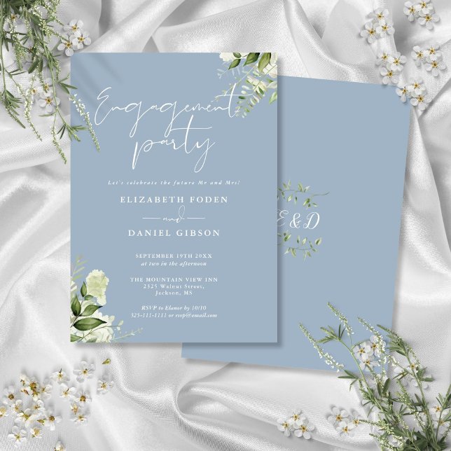 Convite Festa de Noivado Floral Pó Azul Script (Floral Dusty Blue Script Engagement Party Invitation)