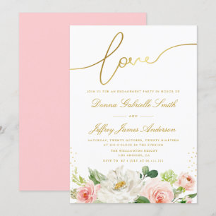 Convite festa de noivado floral rosa com script elegante