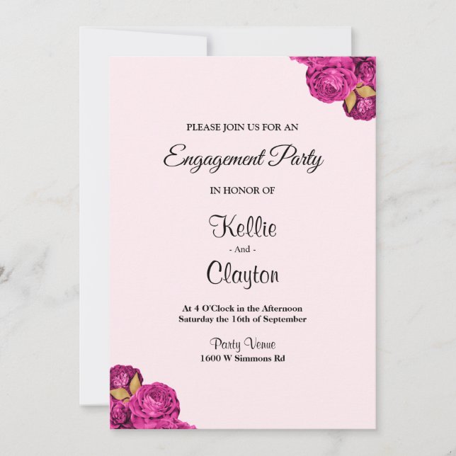 Convite Festa de noivado Floral Rosa E Dourada (Frente)