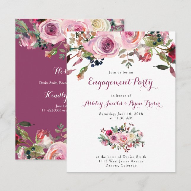 Convite Festa de noivado Floral Rosa Rosa Púrpura (Frente/Verso)