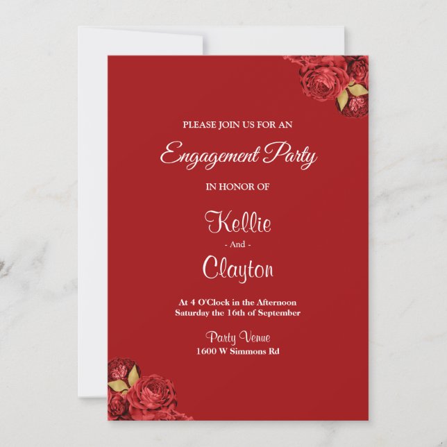 Convite Festa de noivado Floral Vermelha E Dourada (Frente)