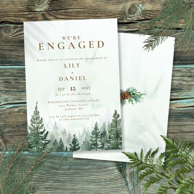 Convite Festa de Noivado Floresta de Pinheiros Aquarela Rú (Rustic Watercolor Pine Forest Engagement Party Invitation)