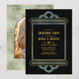 Convite Festa de Noivado Gatsby Art Déco Azul e Dourado Fo