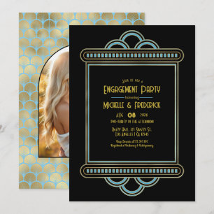 Convite Festa de Noivado Gatsby Art Déco Azul e Dourado Fo