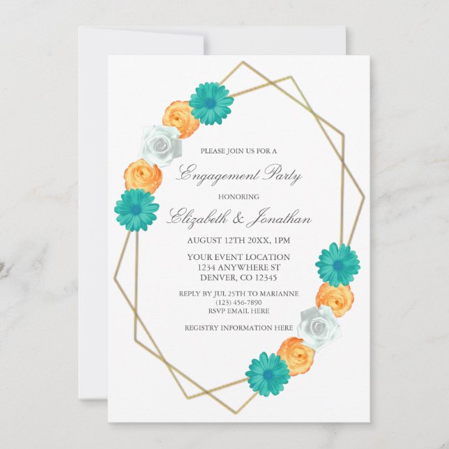 Convite Festa de noivado Geométrica do Teal Laranja (Frente)