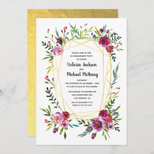 Convite Festa de noivado Geométrica Dourada Floral (Frente/Verso)