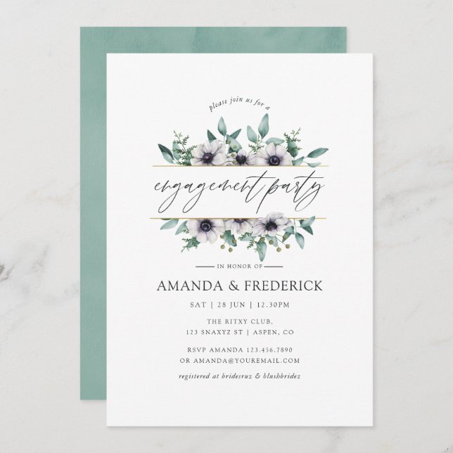 Convite Festa de noivado Geométrica Eucalyptus Anemone (Frente/Verso)