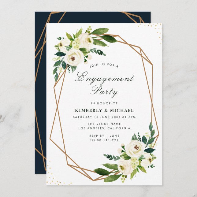 Convite festa de noivado geométrica floral branca de marfi (Frente/Verso)