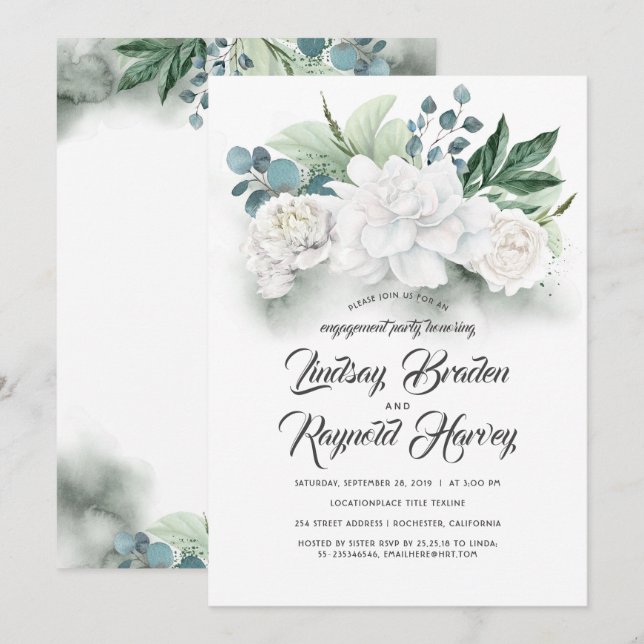 Convite Festa de noivado Greenery and White Flowers (Frente/Verso)
