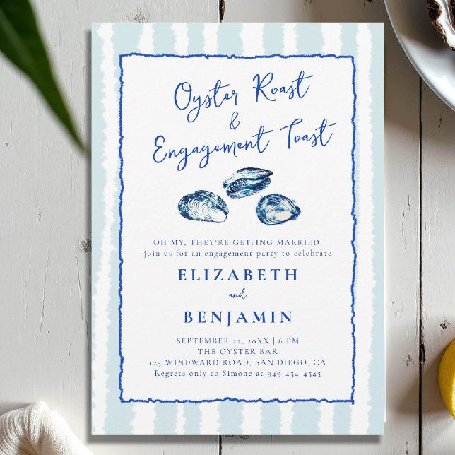Convite Festa de noivado Moderna com Faixa Azul de Ostras (nautical engagement invitation oyster party coastal seaside yacht club boat beach blue hand drawn)