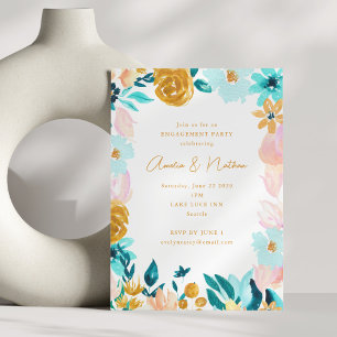 Convite Festa de Noivado Moderna Floral Boho Aquarela
