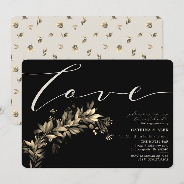 Convite Festa de noivado Negra Cinzenta Escura (Frente/Verso)