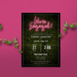 Convite Festa de noivado Neon Pink<br><div class="desc">"Somos Engajados",  sinal de neon rosa inspirado em design sobre um fundo inspirado em madeira de boxe com texto e trim brancos.</div>