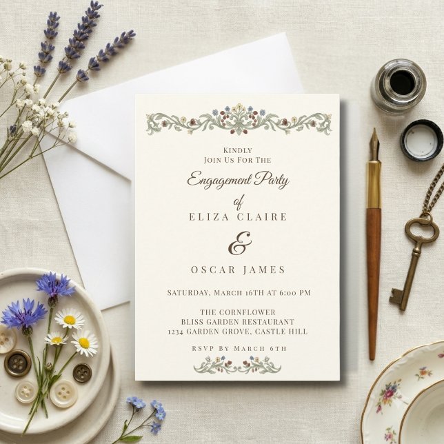 Convite Festa de Noivado no Prado de Flores Silvestres Coq (Coquette Wildflower Meadow Engagement Party Invitation)