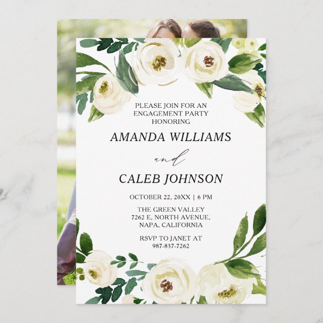 Convite Festa de noivado Personalizada de Flores Brancas d (Frente/Verso)