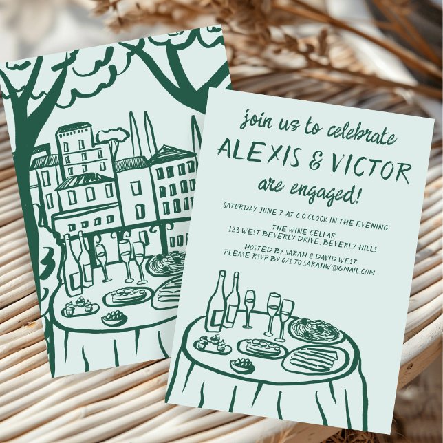 Convite Festa de noivado Personalizada de Janto de Balcões (Whimsical Balcony Dinner Custom Engagement Party Invitation Green Couples Shower Doodle Sketch Cute
)