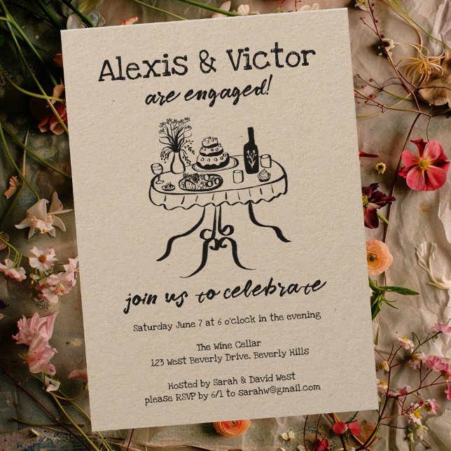 Convite Festa de noivado Personalizada de Janto de Buffet  (Whimsical Buffet Dinner Custom Engagement Party Invitation Kraft Rustic Doodle Sketch)