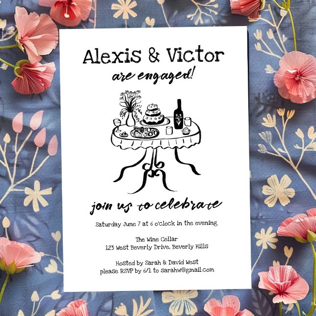 Convite Festa de noivado Personalizada de Janto de Buffet  (Whimsical Buffet Dinner Custom Engagement Party Invitation Sketch Doodle Wine)