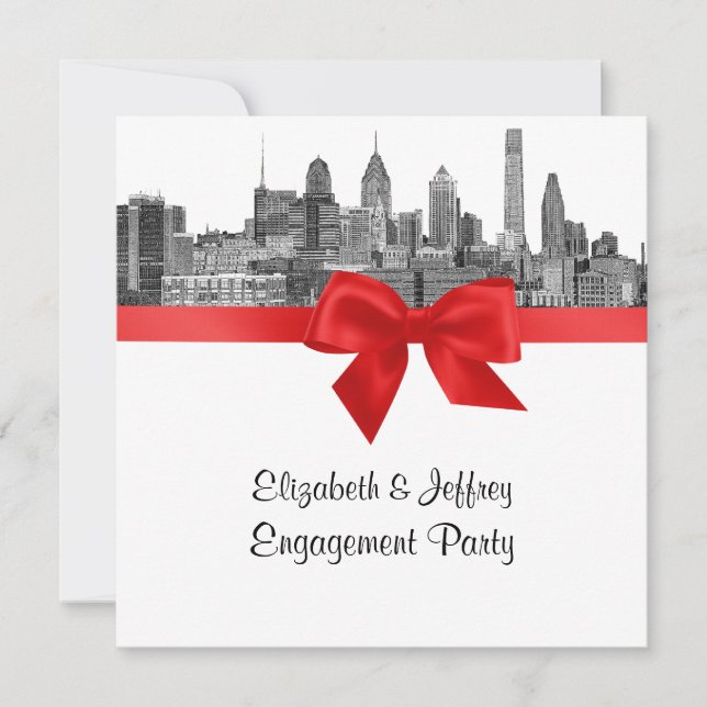 Convite Festa de Noivado Philadelphia Skyline Etch BW Verm (Frente)