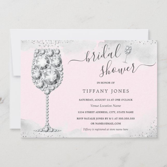 Convite Festa de Noivado Pink Silver Sparkle Diamond Bubbl (Frente)