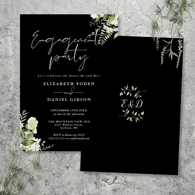 Convite Festa de noivado Preta Floral E Branca (Floral Black And White Engagement Party Invitation)
