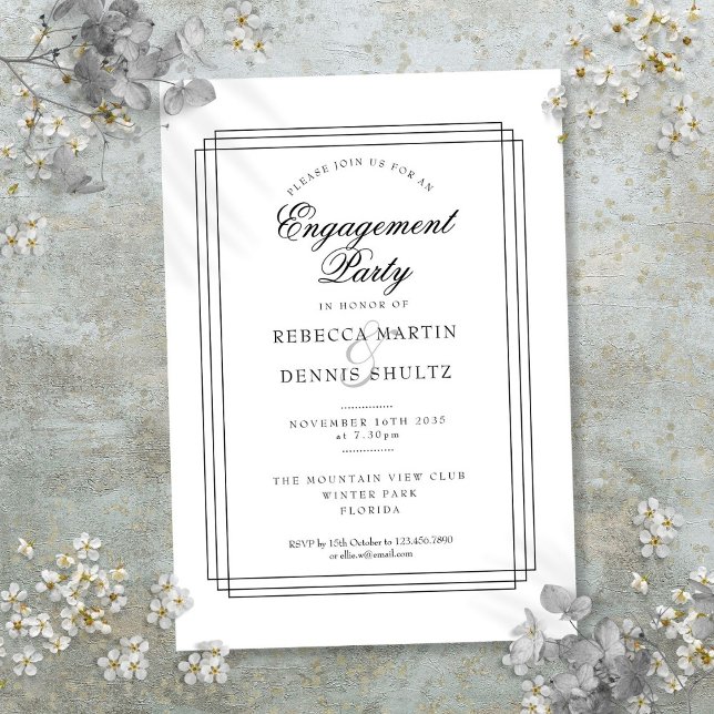 Convite Festa de Noivado Preto e Branco Art Déco (Art Deco Black and White Engagement Party Invitation)