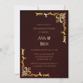 Convite Festa de noivado Real Burgundy Dourada Flourish