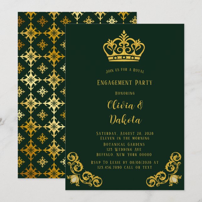 Convite Festa de noivado Real de Casamento Verde e Dourado (Frente/Verso)