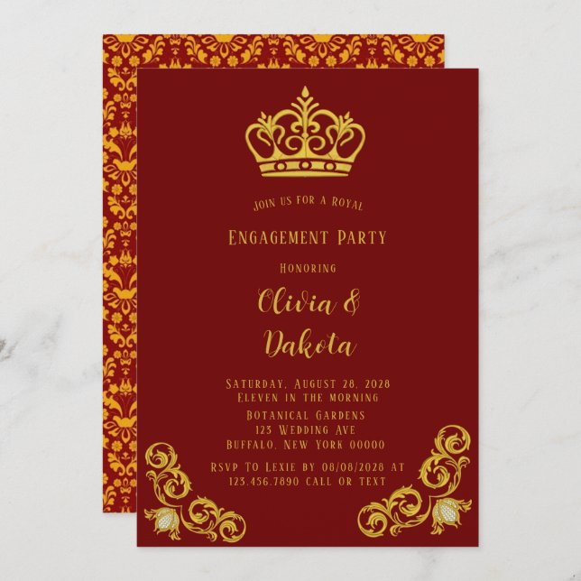 Convite Festa de noivado Real de Casamento Vermelho e Dour (Frente/Verso)
